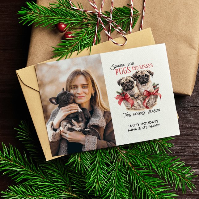 CARTES POUR FÊTES ANNUELLES CARLINS ET KISESS CHIEN THÈME NOËL PHOTO UNIQUE (DIGITAL CARD PUPPY PUG THEMED SINGLE VERTICAL PHOTO ELEGANT FUNNT PUGS AND KISSES)