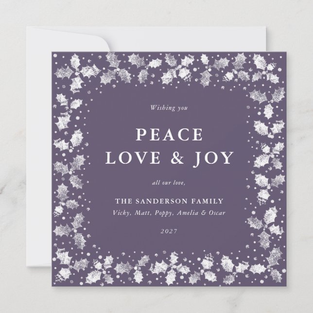 Cartes Pour Fêtes Annuelles Carré Purple Main Imprimée Holly Peace Love + Joy (Devant)