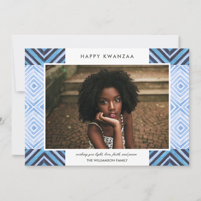 Cartes Pour Fêtes Annuelles Carreaux d'aquarelle moderne Kwanzaa | Bleu | Phot (Devant)