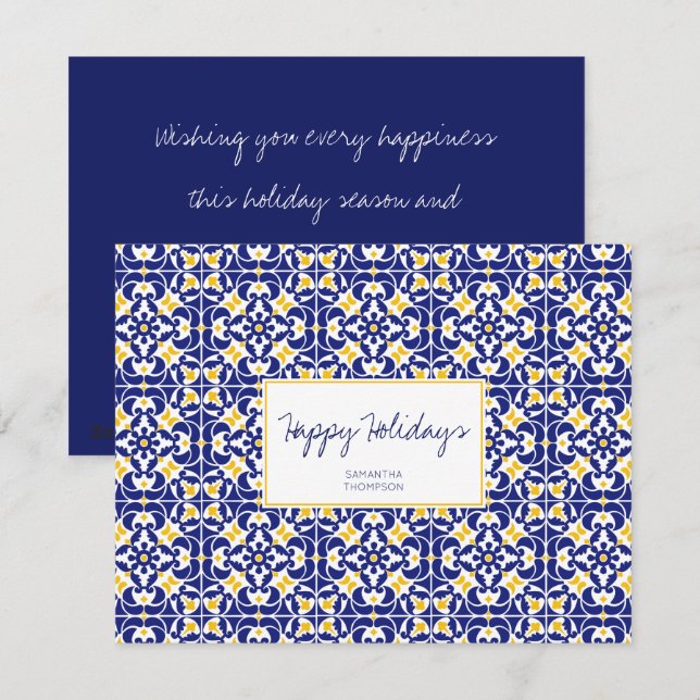 Cartes Pour Fêtes Annuelles Carreaux méditerranéens Motif bleu et jaune (Devant / Derrière)