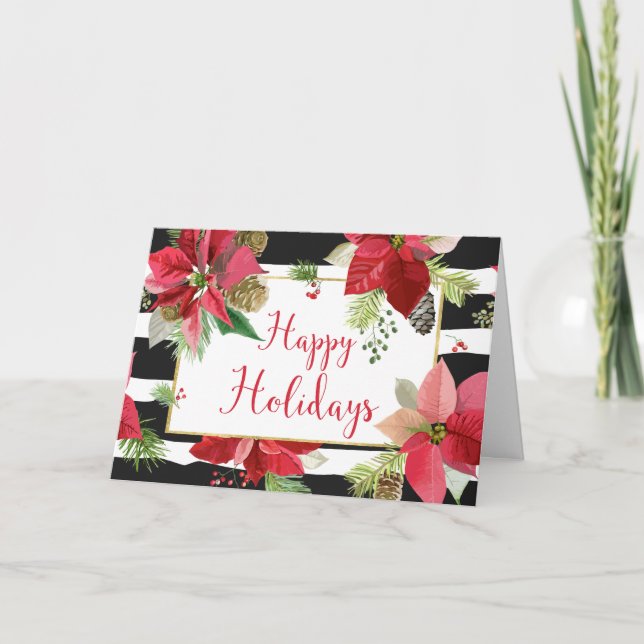 Cartes Pour Fêtes Annuelles Cartes Joyeuses Fêtes Poinsettias, Rayures Noires (Devant)