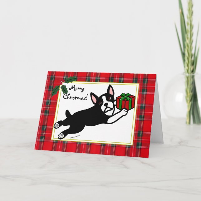 Cartes Pour Fêtes Annuelles Carton de Noël Tartan de Boston Terrier (Devant)