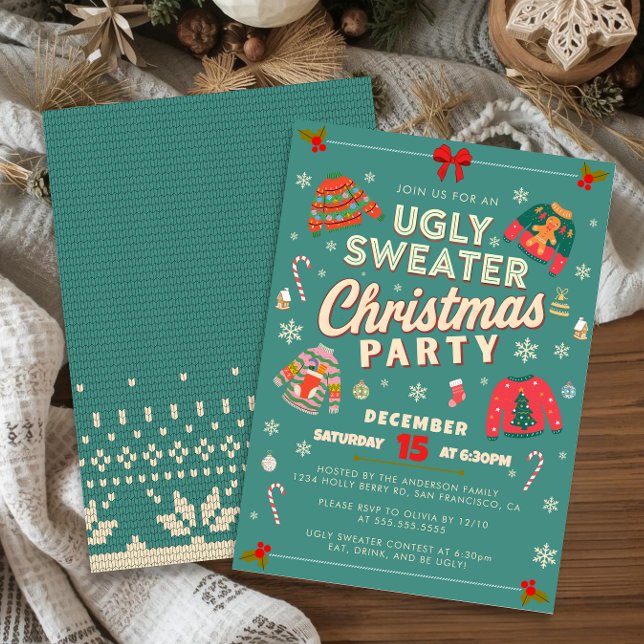 Cartes Pour Fêtes Annuelles Carton d'invitation à une soirée de Noël avec un v (Retro teal ugly sweater Christmas party invitation with knit pattern and festive holiday decor.)