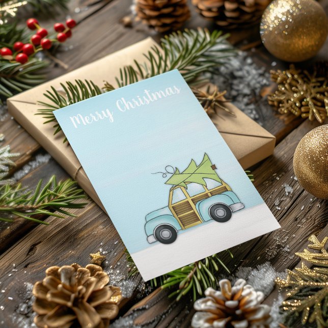 Cartes Pour Fêtes Annuelles Carton Whimsical Merry Blue Car Fun (Merry Christmas Holiday Card with cute Christmas tree on top of a car drawing.)