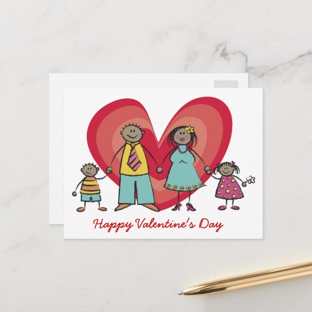 Cartes Pour Fêtes Annuelles Cartoon Happy Family Big Red Heart Saint Valentin (Devant/Arrière en situation)