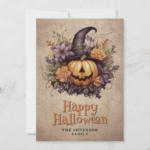 Cartes Pour Fêtes Annuelles Casquette citrouille Sorcière Cobweb Floral Hallow
