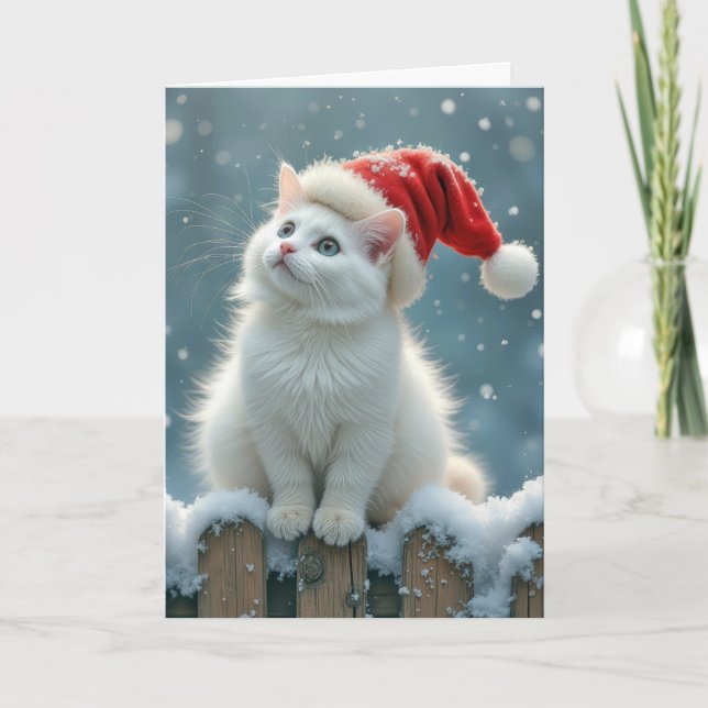 Cartes Pour Fêtes Annuelles Casquette de Noël sur chat blanc (Devant)