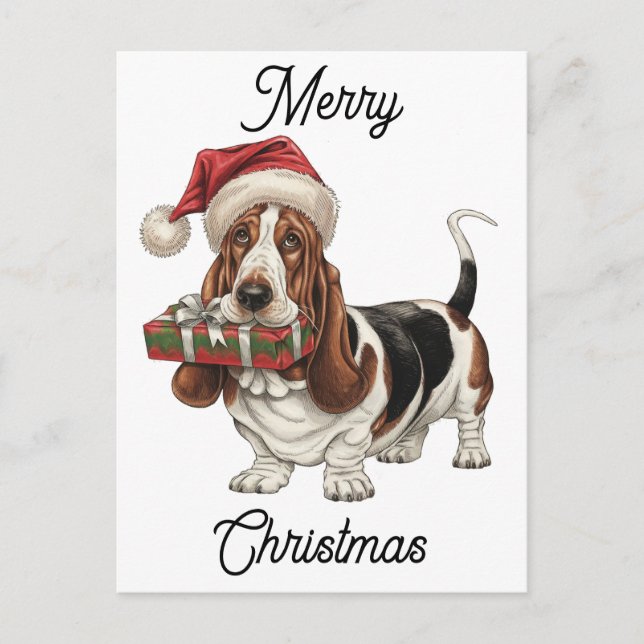 Cartes Pour Fêtes Annuelles casquette santa portant basset hound personnalisée (Devant)