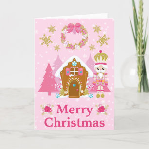 Cartes Pour Fêtes Annuelles Casse-noix rose et maison de pain d'épice
