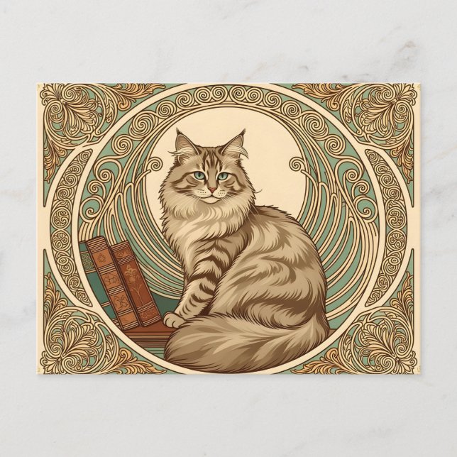 Cartes Pour Fêtes Annuelles cat and books framed with geometrical ornament (Devant)