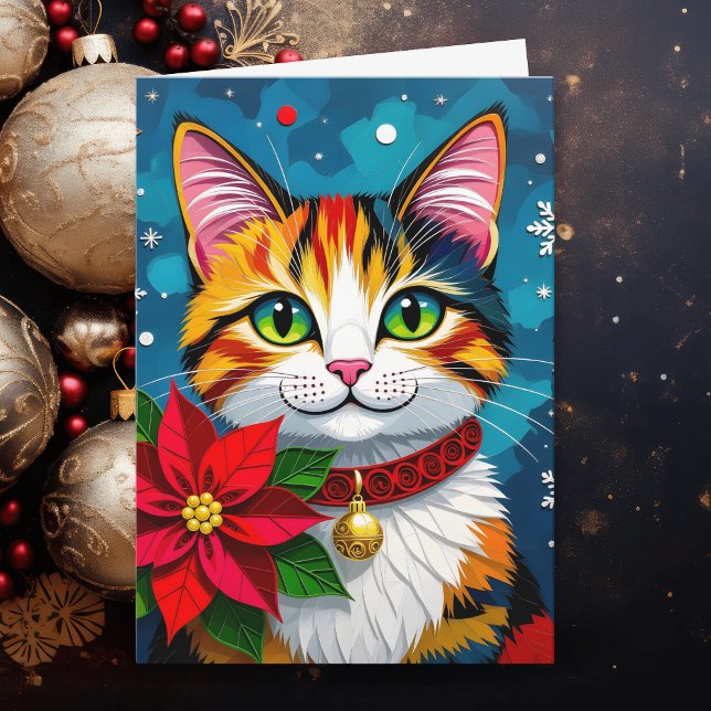 Cartes Pour Fêtes Annuelles Cat and Poinsettia Personalized Christmas (Créateur téléchargé)