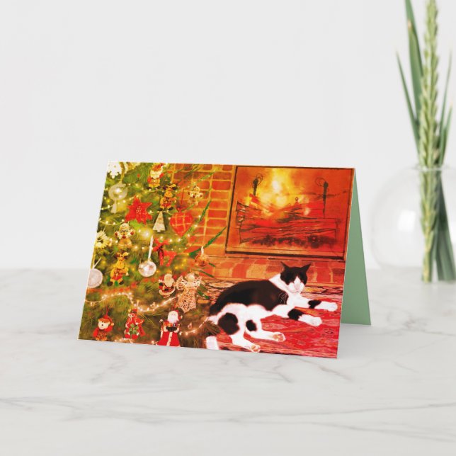 Cartes Pour Fêtes Annuelles Cat Fireplace fire burning Christmas tree ornament (Devant)