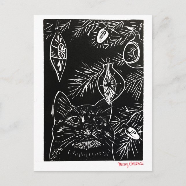 Cartes Pour Fêtes Annuelles Cat Linocut Christmas Postcard (Devant)