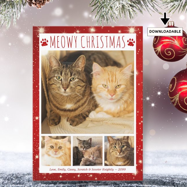 Cartes Pour Fêtes Annuelles Cat MEOWY CHRISTMAS 4 Photos Empreintes rouges (Créateur téléchargé)