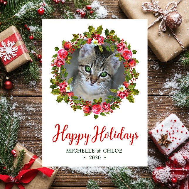 Cartes Pour Fêtes Annuelles Cat Photo Christmas Wreath (Créateur téléchargé)