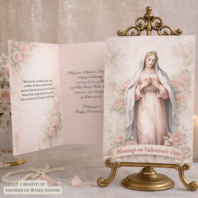 Cartes Pour Fêtes Annuelles Catholic Mother Mary Pink Roses Valentine (Créateur téléchargé)