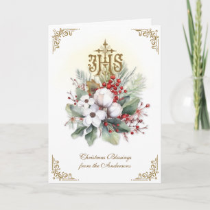 Cartes Pour Fêtes Annuelles Catholic Noël IHS Floral Poinsettia