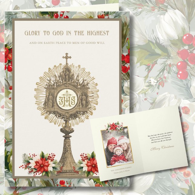 Cartes Pour Fêtes Annuelles Catholic with Gold Monstrance Poinsettias Photo (Créateur téléchargé)