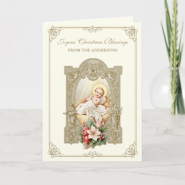 Cartes Pour Fêtes Annuelles Catholique bébé de Noël Jésus Poinsettia Floral (Devant)