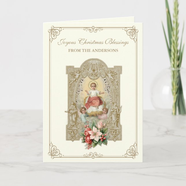 Cartes Pour Fêtes Annuelles Catholique bébé de Noël Jésus Poinsettia Floral (Devant)