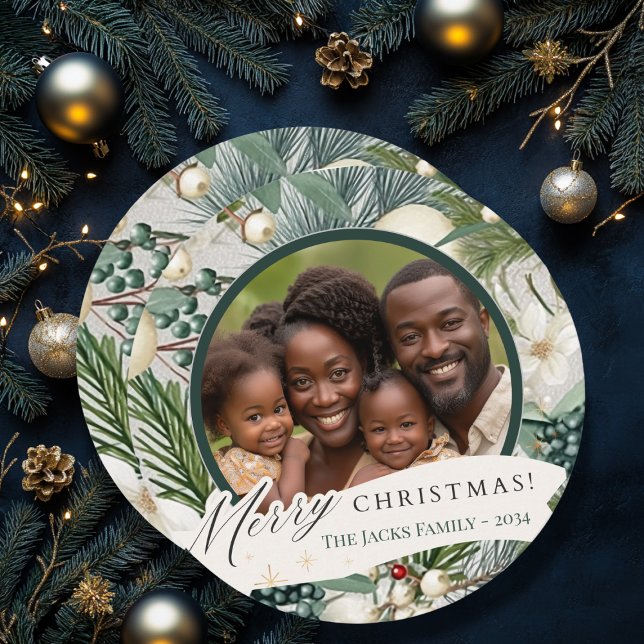 Cartes Pour Fêtes Annuelles Cercle de charme Elégante ivoire et photo de famil (Créateur téléchargé)