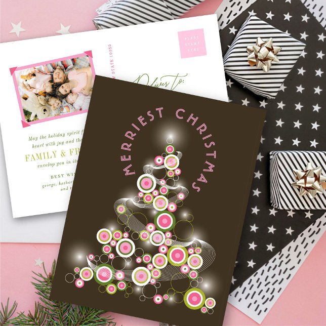 Cartes Pour Fêtes Annuelles Cercles moisis roses brillants Arbre de Noël Abstr (Pink Mod Circles Glowing Abstract Christmas Tree Holiday Postcard @ fat_fa_tin)