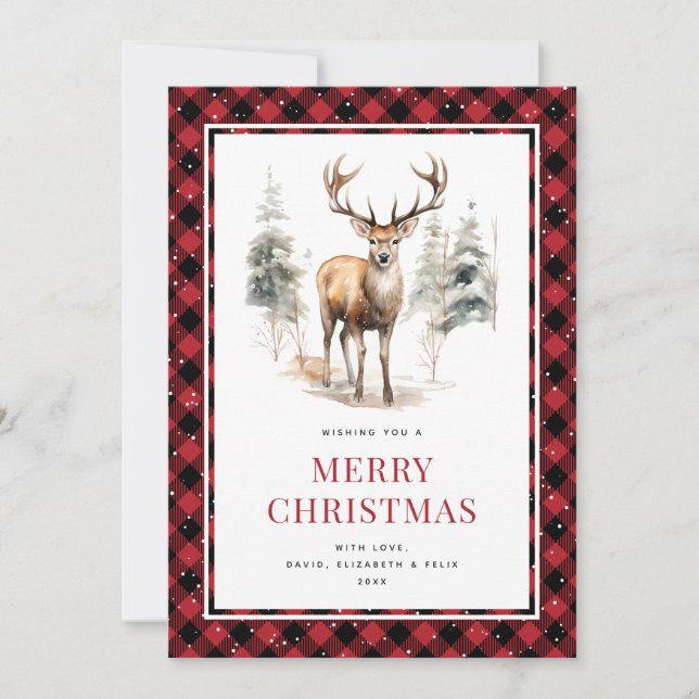 Cartes Pour Fêtes Annuelles Cerf Aquarelle Rouge Buffalo Plaid Noël (Devant)