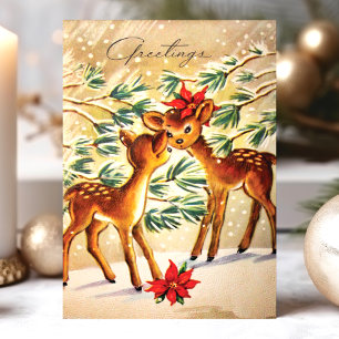 Cartes Pour Fêtes Annuelles Cerf aux poinsettias vintage dans la neige Noël