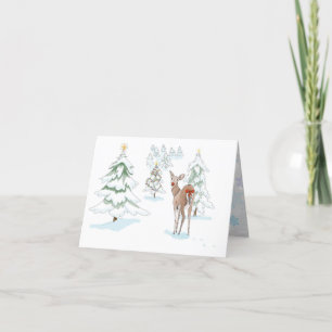 Cartes Pour Fêtes Annuelles Cerf dans le bois enneigé avec nez rouge