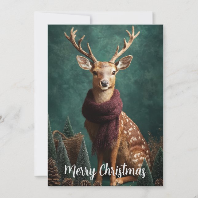 Cartes Pour Fêtes Annuelles Cerf de fête avec écharpe rouge - Art de Noël (Devant)