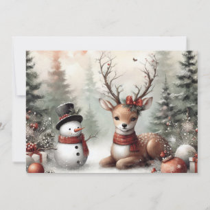 Cartes Pour Fêtes Annuelles Cerf de Noël/bonhomme de neige en bois classique