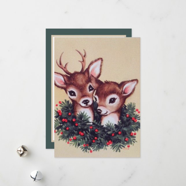 Cartes Pour Fêtes Annuelles cerf de Noël rétro (Devant/Arrière en situation)