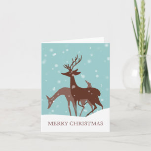 Cartes Pour Fêtes Annuelles Cerf d'hiver Brown et Turquoise à Noël de neige