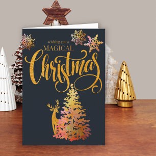 Cartes Pour Fêtes Annuelles Cerf et arbre de Noël en or magique de Noël
