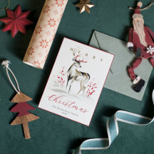 Cerf et Baies Rouges de Noël à l'Aquarelle Rustiqu