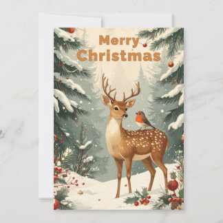 Cartes Pour Fêtes Annuelles Cerf et Rougegorge de Noël Vintage en Forêt