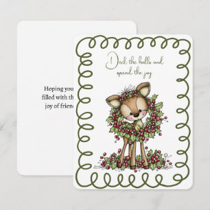 Cartes Pour Fêtes Annuelles Cerf mignon portant une couronne de Noël verte et
