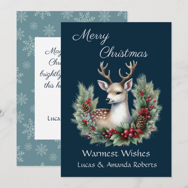 Cartes Pour Fêtes Annuelles Cerf paisible, avec couronne de houx, sur fond ble (Devant / Derrière)