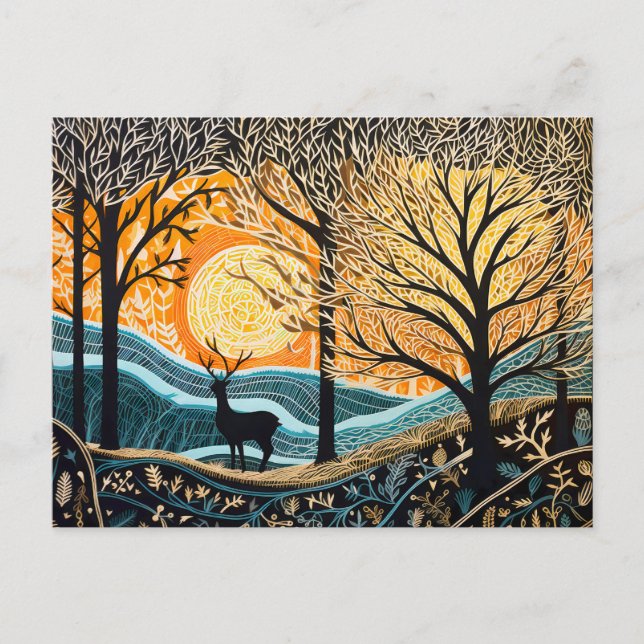 Cartes Pour Fêtes Annuelles Cerfs en paysage hivernal. Forêt Abstraite de lino (Devant)