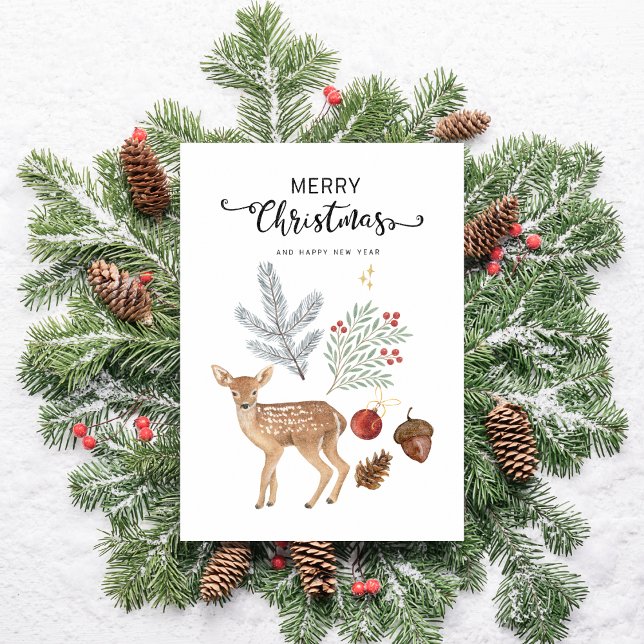 Cartes Pour Fêtes Annuelles Cerfs et botaniques à l'aquarelle de Noël rustique (Créateur téléchargé)