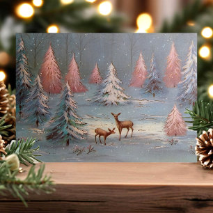 Cartes Pour Fêtes Annuelles Cerfs Vintage Dans La Forêt Enneigée Arbres De Noë