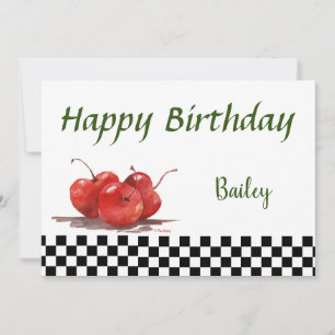 Cartes Pour Fêtes Annuelles Cerises rouges brillantes sur une nappe à carreaux