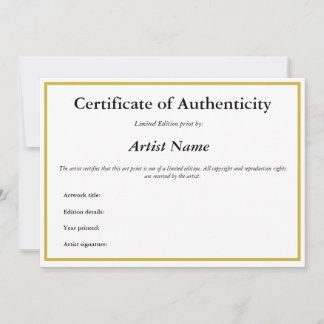 Cartes Pour Fêtes Annuelles Certificat d'authenticité pour les imprimés d'art