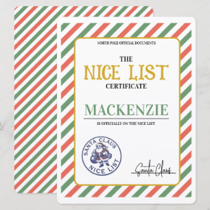 Cartes Pour Fêtes Annuelles Certificat de bonne liste signé par le Père Noël P