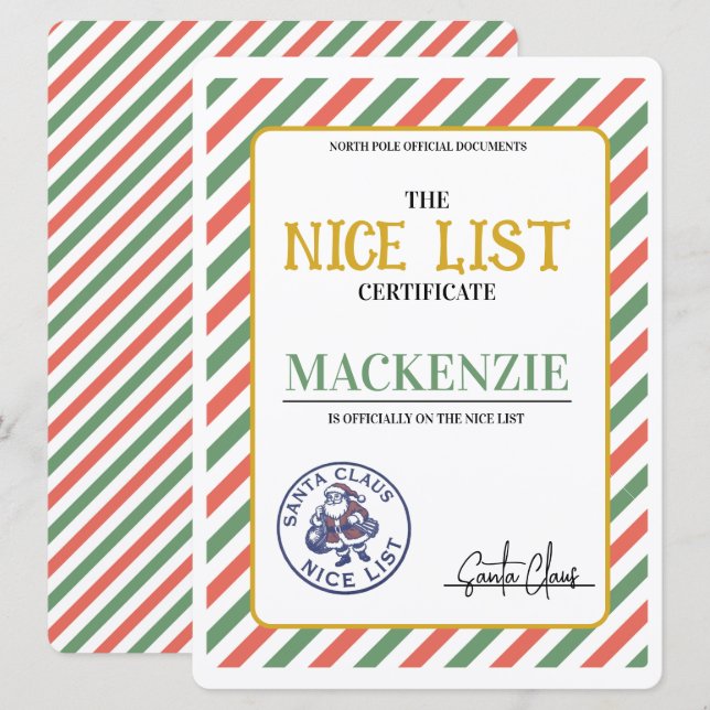 Cartes Pour Fêtes Annuelles Certificat de bonne liste signé par le Père Noël P (Devant / Derrière)