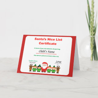 Cartes Pour Fêtes Annuelles Certificat de la liste de Père Noël personnalisé