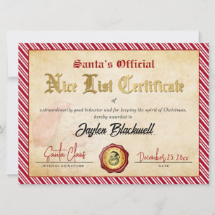 Cartes Pour Fêtes Annuelles Certificat de Liste Sage Officielle du Père Noël