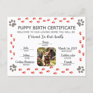 Cartes Pour Fêtes Annuelles Certificat de naissance personnalisé de chiot