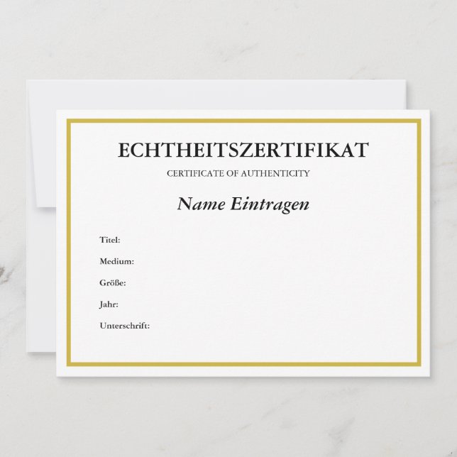 Cartes Pour Fêtes Annuelles Certificat ECHTHEITSZERTIFIKAT allemandAuthenticit (Devant)