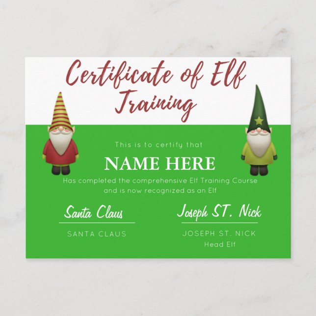Cartes Pour Fêtes Annuelles Certification Elf personnalisable (Devant)